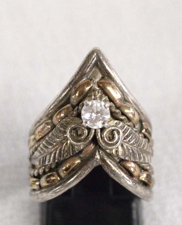 Navajo Sterling and CZ Ring by Shirley, Size 5.25: Native American Navajo Sterling and CZ Ring by Alice M. Shirley, Size 5.25, measures 1''L, hallmarked AMS and stamped sterling, 6g in total wt.