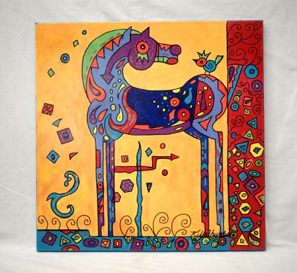 2015 Original Acrylic Painting by Kills Thunder: 2015 Original Acrylic Painting One Trick Pony by Kathy Kills Thunder, measures 20'' x 20'', signed by artist, Artist Bio: Kathleen Kills Thunder (her legal name) was born in 1947 in Seattle, WA. Her f