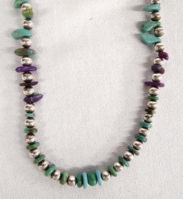 Native American Navajo Sterling Turquoise Necklace: Native American Navajo Sterling Turquoise Necklace, all sterling silver beads strung with turquoise and a little touch of sugilite beads for flair, measures 24'' end to end, 43.3g in total wt.
