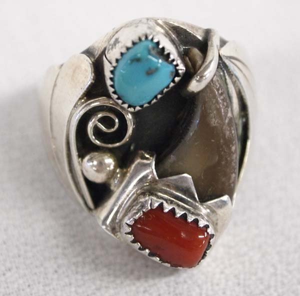 Navajo Sterling Turquoise Coral Ring by A.M. Cabe: Native American Navajo Sterling Silver Turquoise Coral and Claw Ring by Albert Mac Cabe, Size 10, hallmarked AC and stamped sterling, 20.51g in total wt.