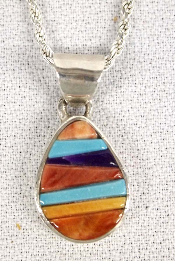 Navajo Sterling Silver Inlay Necklace by C. Begay: Native American Navajo Sterling Silver Inlay Necklace by Calvin Begay, beautiful stone to stone inlay (turquoise, sugilite, and red shell) set in sterling silver, hallmarked Calvin Begay, pendant meas