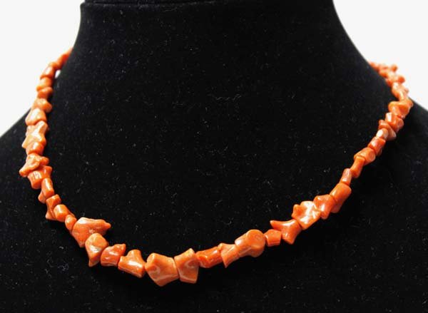 1950 Navajo Angel Coral Nugget Choker Necklace: 1950 Navajo Angel Coral Nugget Choker Necklace, measures 16'' end to end, nuggets range in size from 1/8'' to .5'', sterling beads and findings