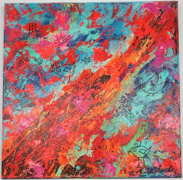 Original Acrylic Painting by Kathy Kills Thunder: August 1, 2015 Original Acrylic Painting ''Lava Flow'' by Kathy Kills Thunder, measures 20'' x 20'', Artist Bio: Kathleen Kills Thunder (her legal name) was born in 1947 in Seattle, WA. Her father, Be