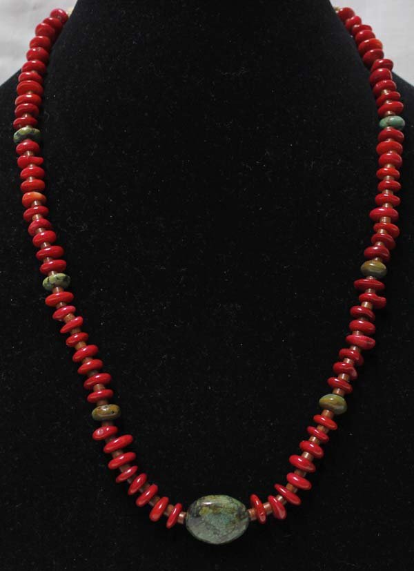Navajo Red Mediterranean Coral Turquoise Necklace (1 of 2)