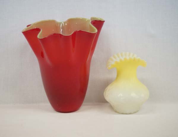 Pr. Hand Blown Cased Art Glass Ruffled Vases (1 of 4)