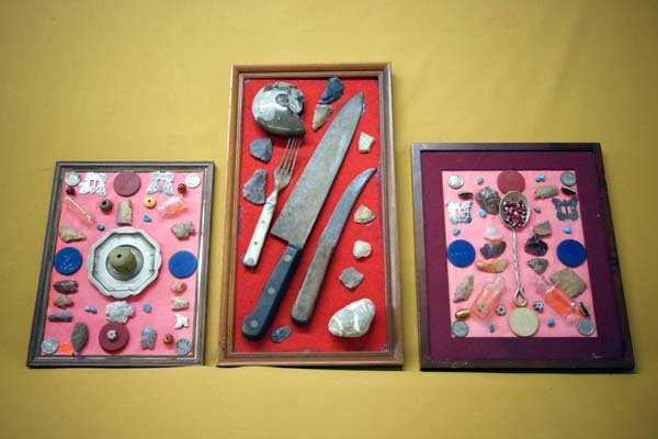 3 Frames of Artifacts Antiques and Needful Things: 3 Frames of Artifacts Antiques and Needful Things, measure 10'' x 12'', includes arrowheads, trade beads, turquoise nuggets, old bottles, poker chips, coins, cutlery and silverware, pottery, fossil, a