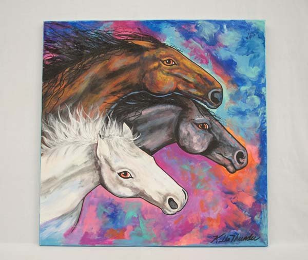 Original Acrylic Painting by Kathy Kills Thunder: September 1, 2015 Original Acrylic Painting War Horses by Kathy Kills Thunder, measures 20'' x 20'', signed by artist, Artist Bio: Kathleen Kills Thunder (her legal name) was born in 1947 in Seattle, 