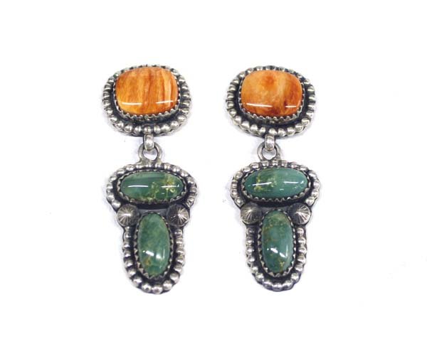 Navajo Silver Turquoise Earrings by Jeanette Dale: Exquisite Native American Navajo Sterling Silver Fox Turquoise and Spiny Oyster Earrings by Jeanette Dale (1949-present) Active since 1970, measure 1.75''L x 5/8'', 16g in total wt.