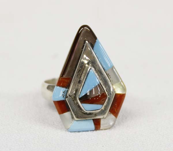 1970 Zuni Silver Stone to Stone Inlay Ring, Sz 8.5 (1 of 3)