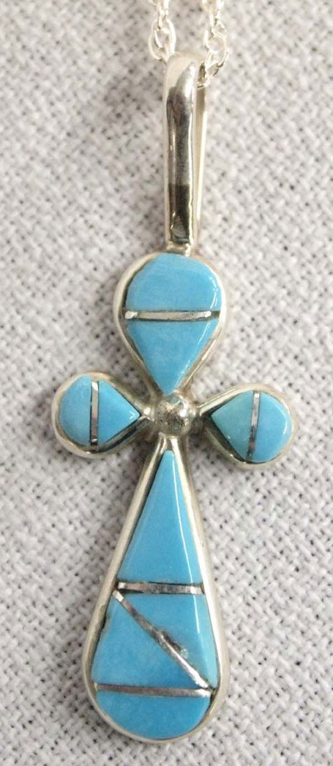 Zuni Silver Inlay Turquoise Cross Pendant Necklace (1 of 3)