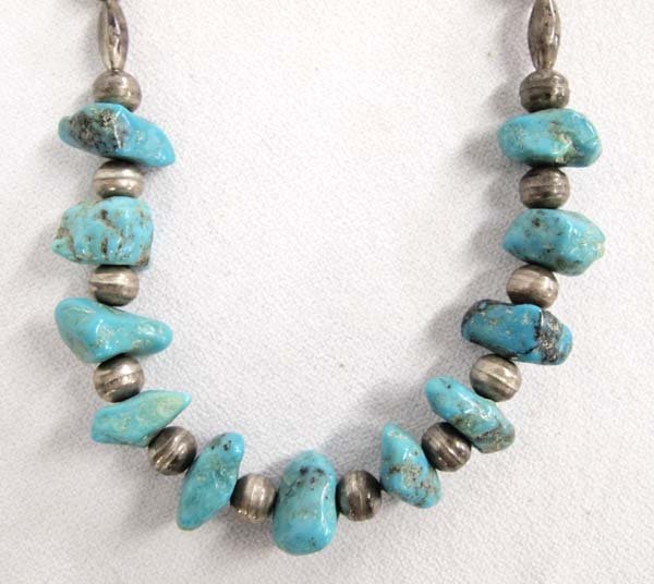 1940 Navajo Sterling Turquoise Nugget Choker: 1940's Native American Navajo Sterling Kingman Turquoise Nugget Choker Necklace, measures 15'' end to end, longest bead measures .75''