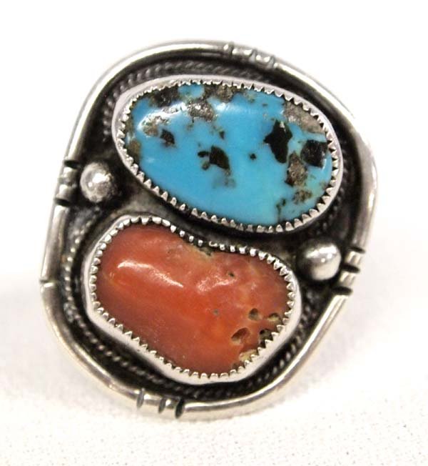Navajo Sterling Silver Turquoise Coral Ring, Sz 8 (1 of 2)