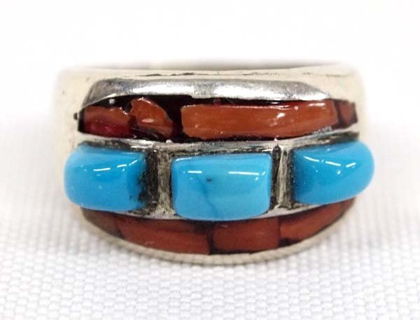 Zuni Silver Turquoise and Coral Inlay Ring, Size 9 (1 of 3)