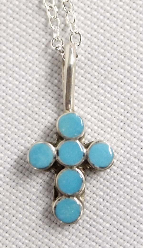 Native American Navajo Inlay Cross Pendant Necklace: Native American Navajo Inlay Cross Pendant Necklace by Randy Hoskie, hallmarked and stamped sterling, pendant measures 7/8''H x .25''W, chain measures 18'' end to end, 2.4g in total wt.
