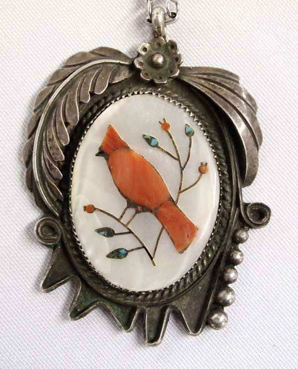 Zuni Sterling Inlay Cardinal Pendant Necklace (1 of 3)