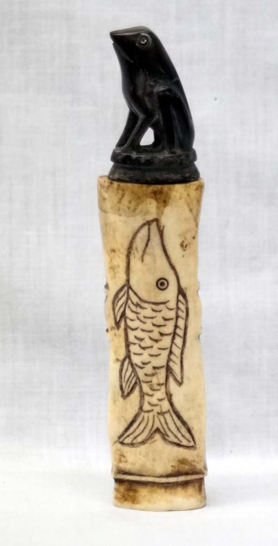 Indonesian Carved Water Buffalo Bone Herb Box: Indonesian Carved Water Buffalo Bone Herb Box with Carved Horn Top, used as a cannister to hold lime powder and herbs handcrafted on Lombok Island, Indonesian and measures 6''H