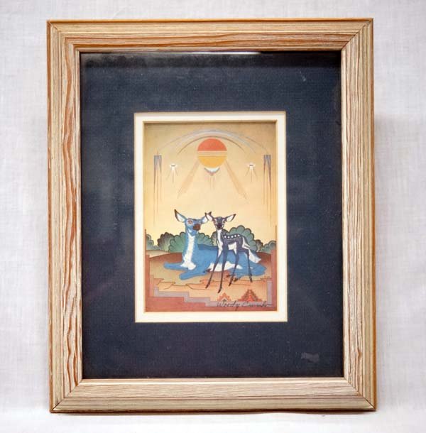 Native American Potawatomi Woody Crumbo Print: Native American Potawatomi Woody Crumbo Print, measures 3.5'' x 5.5'', framed and under glass, Artist Bio: ''Woodrow Wilson ''Woody'' Crumbo (January 21, 1912-April 4, 1989) (Potawatomi) was an artist