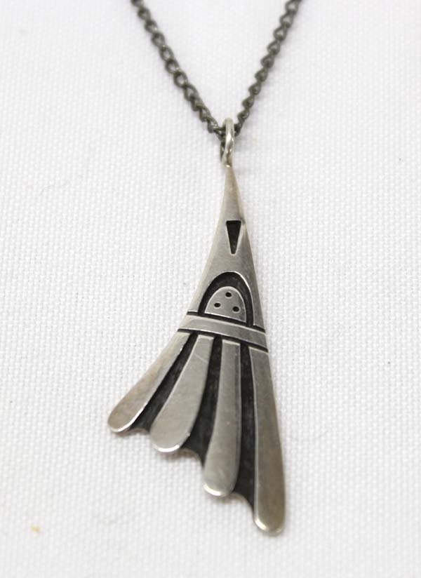 1960 Hopi Sterling Silver Pendant Necklace: 1960 Native American Hopi Sterling Silver Pendant Necklace by Weaver Selina (1944-present), chain measures 17'' end to end and pendant measures 2''L x .75''W, hallmarked, 7.08g in total wt.