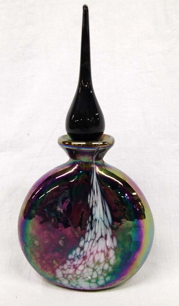 Blue Iridescent Glass Perfume Bottle: Blue Iridescent Glass Perfume Bottle, measures 4''W x 7.5''H x 2''W, gorgeous colors