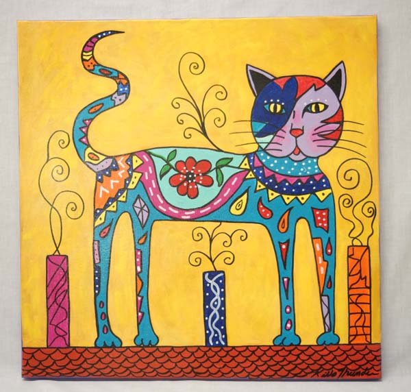 Original Acrylic Painting by Kathy Kills Thunder: September 5, 2015 Original Acrylic Painting ''Wild Cat'' by Kathy Kills Thunder, measures 20'' x 20'', Artist Bio: Kathleen Kills Thunder (her legal name) was born in 1947 in Seattle, WA. Her father, 