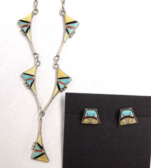 Zuni Sterling Silver Inlay Necklace and Earrings (1 of 5)