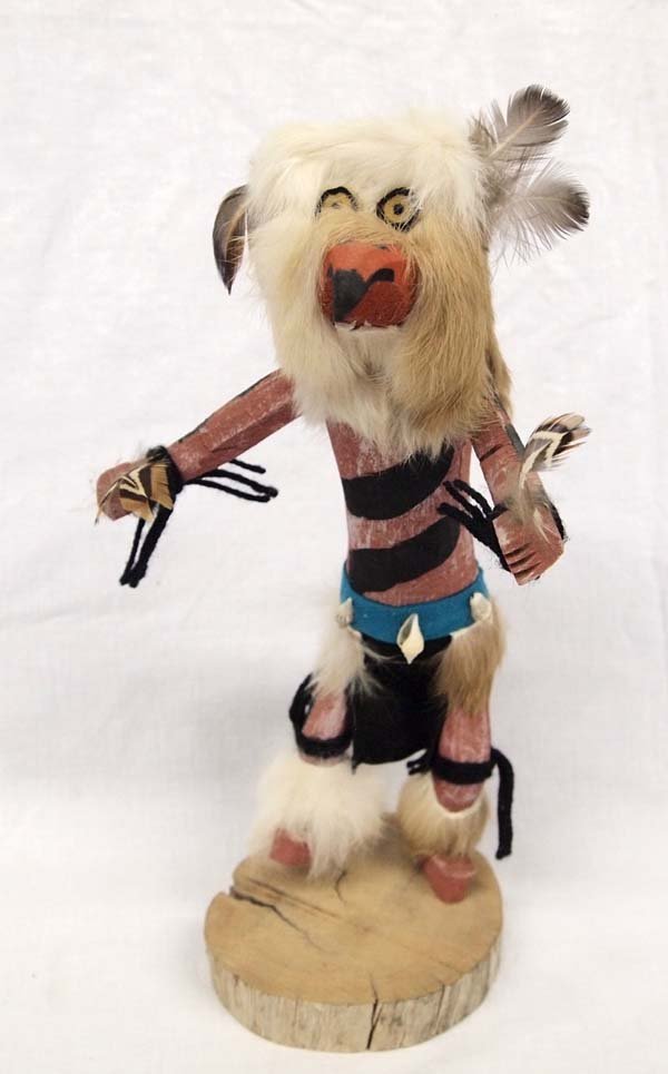 Native American Navajo Owl Kachina by Ina James: From the Whittredge Estate, we have a Native American Navajo Owl Kachina by Ina James, measures 12''H x 6''W, signed by artist, embellished with rabbit fur, feathers, leather, and seashells