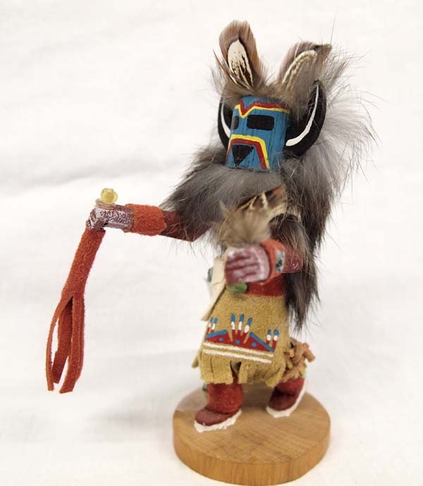 Navajo Hand Carved Medicine Man Kachina, F. Willie: From the Whittredge Estate, we have a Native American Navajo Hand Carved Medicine Man Kachina by F. Willie, signed by artist and measures 5''H x 3''W, embellished with leather, beads, turquoise, and f