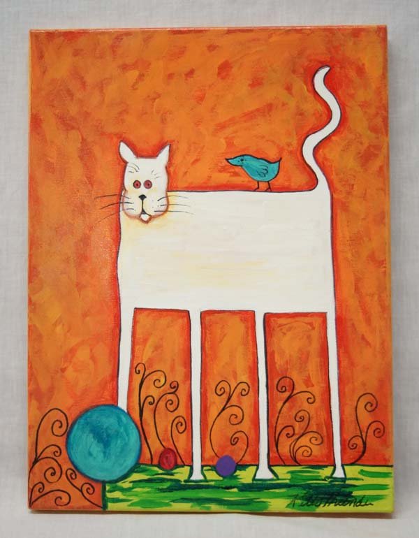 Original Acrylic Painting by Kathy Kills Thunder: May 24, 2014 Original Acrylic Painting ''Happy Cat'' by Kathy Kills Thunder, measures 16'' x 12'', signed by artist, Artist Bio: Kathleen Kills Thunder (her legal name) was born in 1947 in Seattle, WA