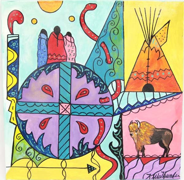 Original Acrylic Painting by Kathy Kills Thunder: 2015 Original Acrylic Painting ''Hunting Shield'' by Kathy Kills Thunder, signed by artist, measures 20'' x 20'', Artist Bio: Kathleen Kills Thunder (her legal name) was born in 1947 in Seattle, WA. H