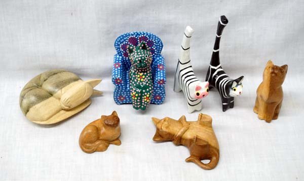 Collection of 7 Hand Carved Cats Made in Indonesia (1 of 3)