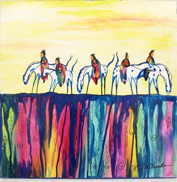 Original Acrylic Painting by Kathy Kills Thunder: October 28, 2015 Original Acrylic Painting Sunset Gathering by Kathy Kills Thunder, signed by artist and measures 20'' x 20'', Artist Bio: Kathleen Kills Thunder (her legal name) was born in 1947 in S