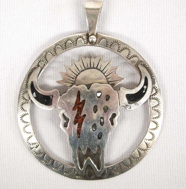 Navajo Sterling Silver Inlay Buffalo Head Pendant (1 of 3)