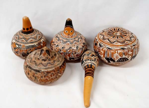 Collection of 5 Hand Carved Peruvian Gourds (1 of 4)