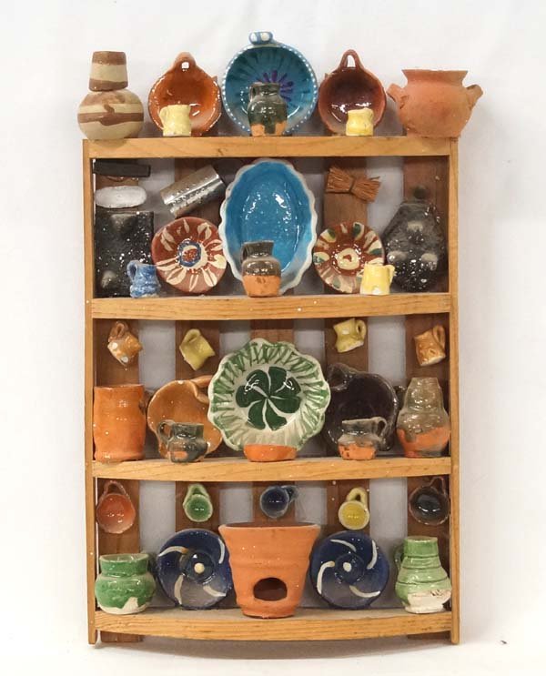 Mexican Miniature Pottery on Wooden Shelf Display (1 of 2)