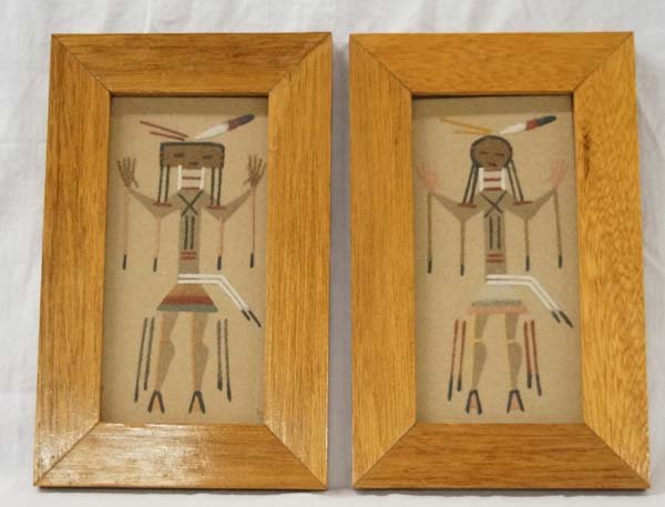1952 Navajo Sand Paintings from Gallup New Mexico: From the Whittredge Estate, we have a 1952 Framed Navajo Sand Paintings from Gallup, New Mexico, one is marked LEX, measure 8''H x 3.75''W