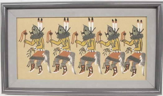 Estate Navajo Framed Sand Painting by Ernest Hunt: From the Whittredge Estate, we have a Native American Navajo Framed Sand Painting by Ernest Hunt, measures 19''L x 11''W, back is signed by artist and reads ''Navajo Sandpainting The Yei-bei-chai danc