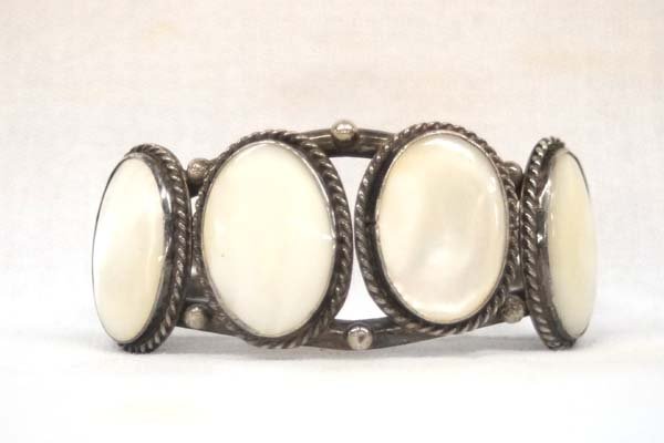 Antique Navajo Sterling Mother of Pearl Bracelet: Antique Native American Navajo Sterling Mother of Pearl Bracelet, inside measures 6.5'' which includes opening x 1.25'', 46.5g in total wt.