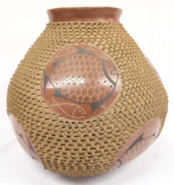 Mexican Mata Ortiz Textured Fish Jar by Gonzalez: Mexican Mata Ortiz Textured Fish Jar by Jose Gonzalez, measures 10'' x 10'', flared rim, signed by artist, highly textured