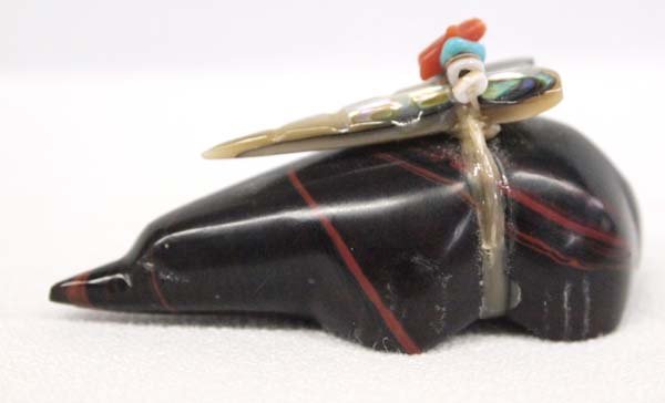 Native American Zuni Hand Carved Jet Mole Fetish: Native American Zuni Hand Carved Jet Mole Fetish by Leland Boone, measures 2 1/8'' x .75'' x 1'', abalone shell-turquoise-coral-shell heishi spirit pack