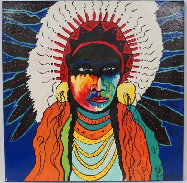 Original Acrylic Painting by Kathy Kills Thunder: Original Acrylic Painting ''Enyeto'' (Walks Like Bear) by Kathy Kills Thunder, measures 20'' x 20'', signed by artist, Artist Bio: Kathleen Kills Thunder (her legal name) was born in 1947 in Seattle, 