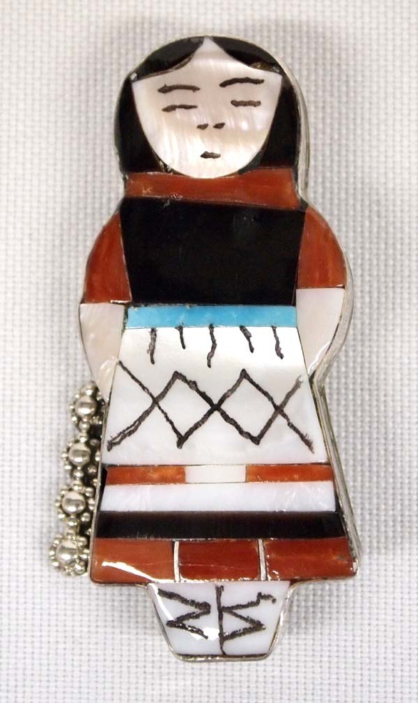 Zuni Sterling Silver Maiden Pin Pendant by Waseta: Native American Zuni Sterling Silver Channel Inlay Maiden Pin Pendant by Joyce Waseta, pendant measures 1'' x 2''L, signed by artist