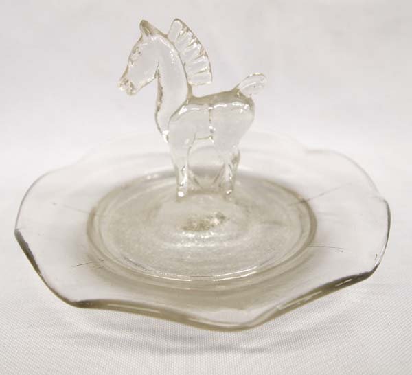 Antique Art Deco Molded Glass Horse Ring Dish: Antique Art Deco Molded Glass Trojan Horse Finial Ring Dish, measures 3'' x 6'', fluted rim