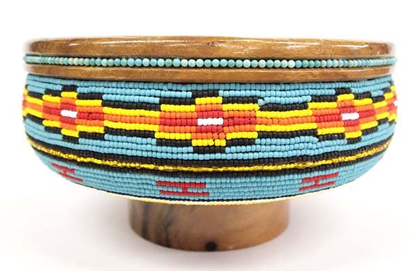 Hand Beaded Wood Pedestal Bowl by Kills Thunder (1 of 3)