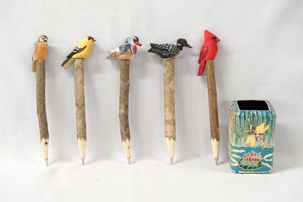 Cloisonne Enamel Pen Holder with Carved Pens (1 of 4)