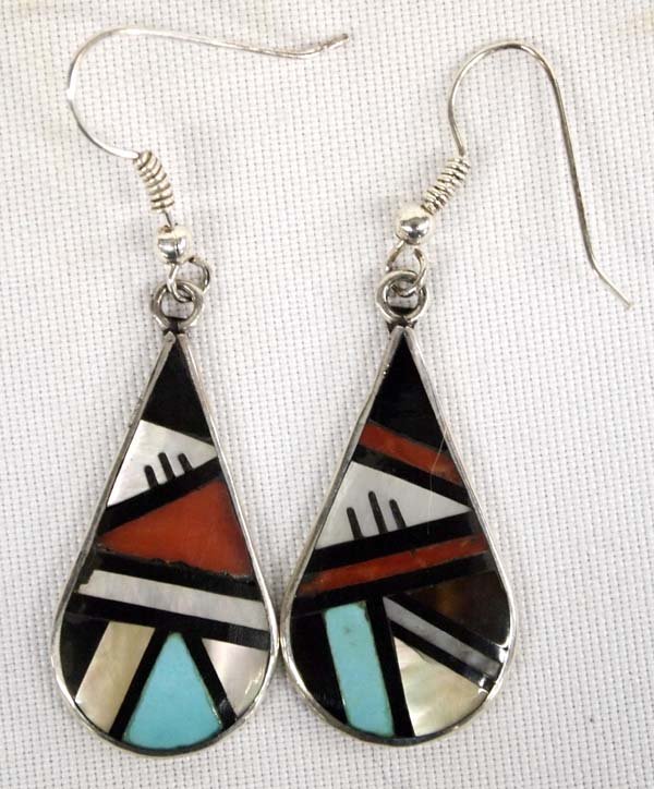 Zuni Sterling Stone to Stone Inlay Earrings by SUE: Native American Zuni Sterling Silver Stone to Stone Inlay Earrings by SUE, measures 1.5''L x 5/8''W, hallmarked, 6.4g in total wt.
