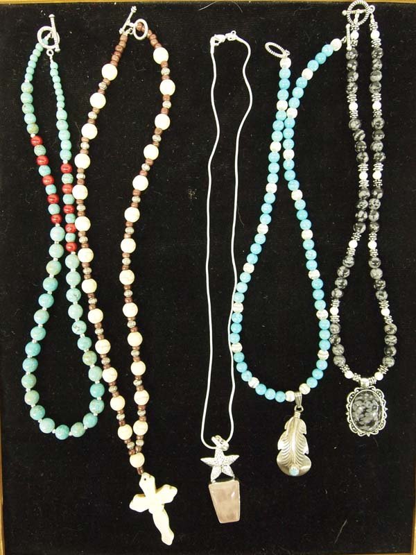 5 Southwestern Beaded Stone Necklaces: 5 Southwestern Beaded Stone Necklaces, includes Snowflake Obsidian and White Coral Bead Pendant Necklace measures 16'' end to end, Sleeping Beauty Turquoise Beaded Silver Feather Pendant Necklace by G