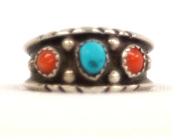 1970 Navajo Silver Coral & Turquoise Ring, Sz 9.5 (1 of 3)