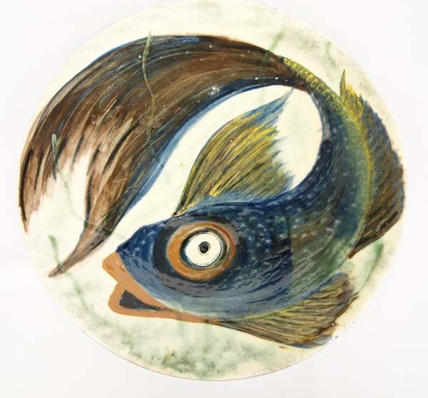 Large Spanish Ceramica Puigdemont Fish Bowl: Large Spanish Ceramica Puigdemont Fish Bowl, measures 13.75''D x 2.5''H, signed on back, normal wear and tear for age, FYI: ''Puigdemont S.L.-cer€mica artisanal is an artisan pottery workshop from L