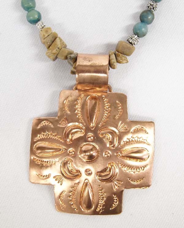 Navajo Copper Cross Pendant on Gemstone Necklace (1 of 3)