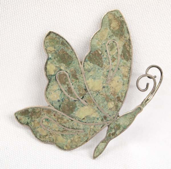 Antique Mexican Sterling Inlay Butterfly Pin: Antique Mexican Sterling Inlay Butterfly Pin, measures 2'' x 2.25'', hallmarked